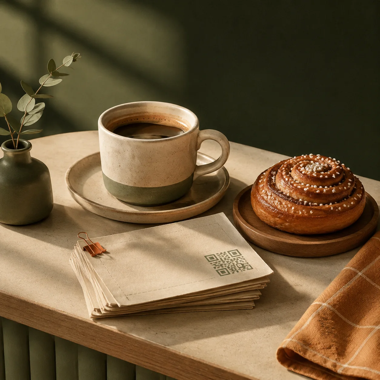 Coffee, cinnamon bun, and paper slips on a warmly lit café table