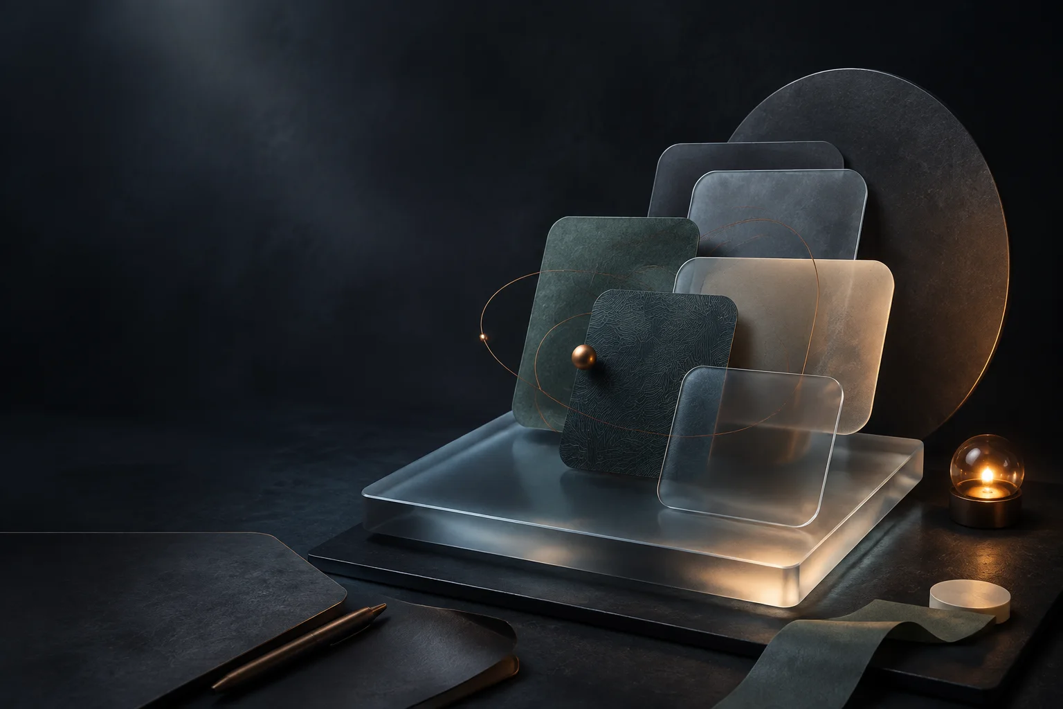 Layered glass and matte cards arranged on a dark studio table