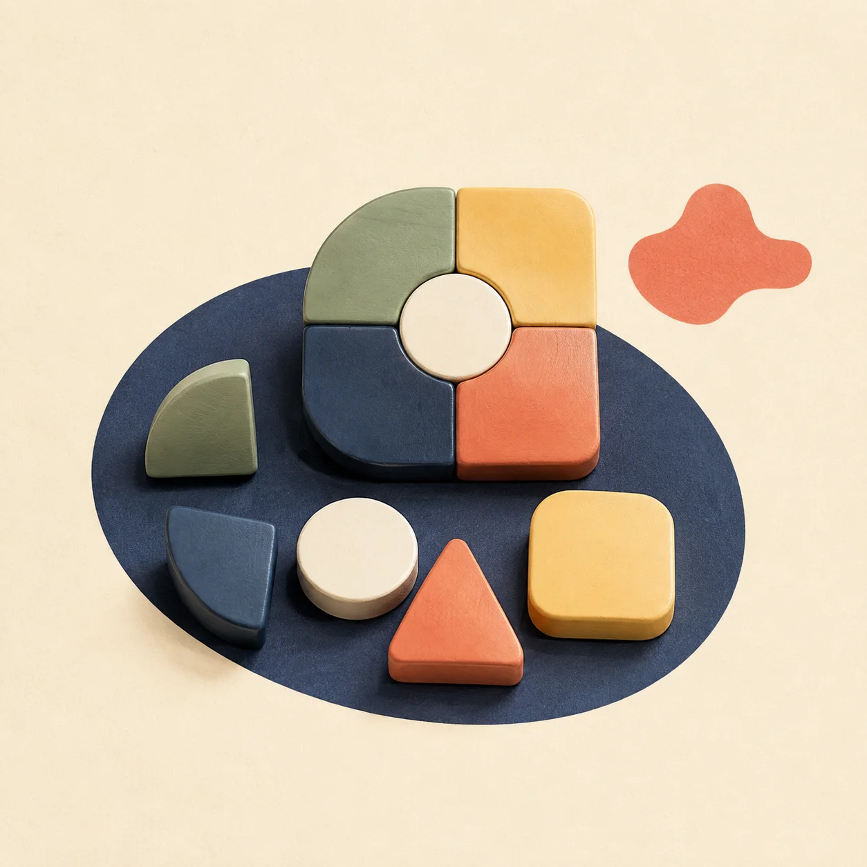A compact set of rounded colored puzzle tiles on a cream paper background