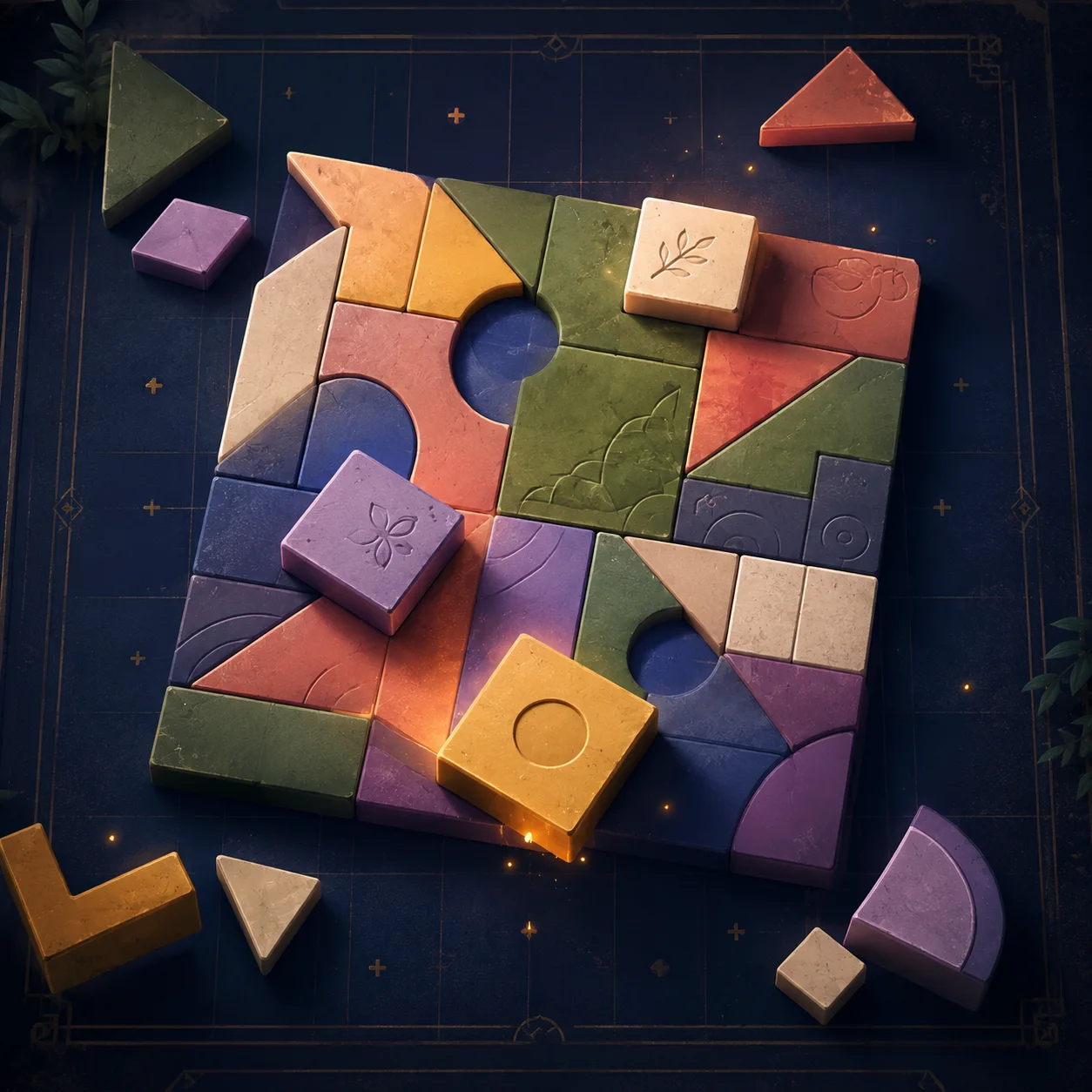 Colorful geometric puzzle pieces arranged on an indigo game board