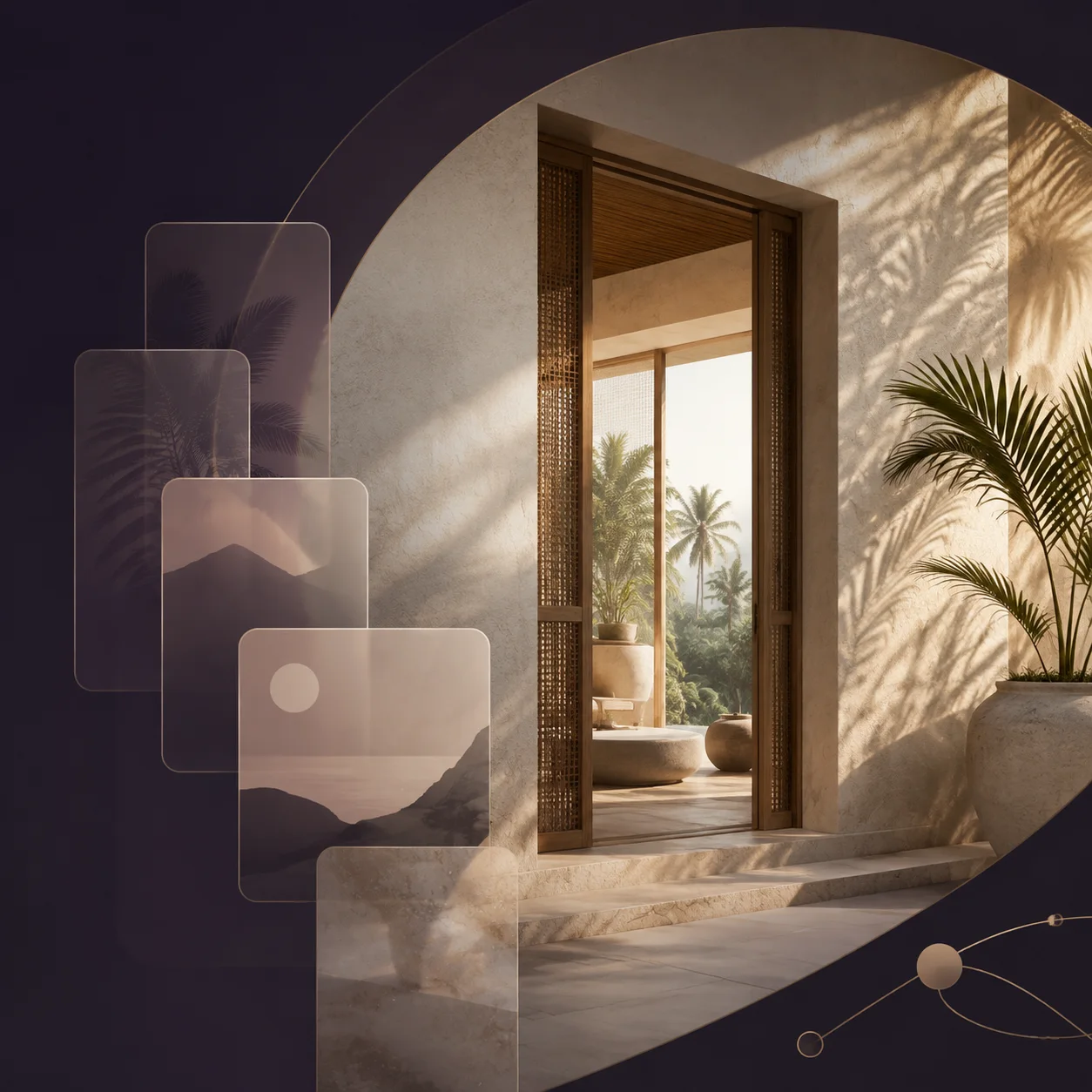 A sunlit tropical doorway framed by deep violet architectural shapes